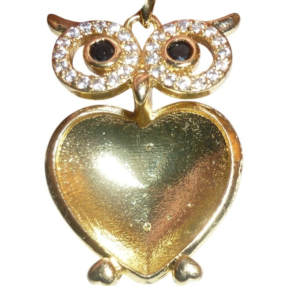 Gold Tone Rhinestone Owl Heart Pendant‎ Whimsical Animal Jewelry 1 Inch